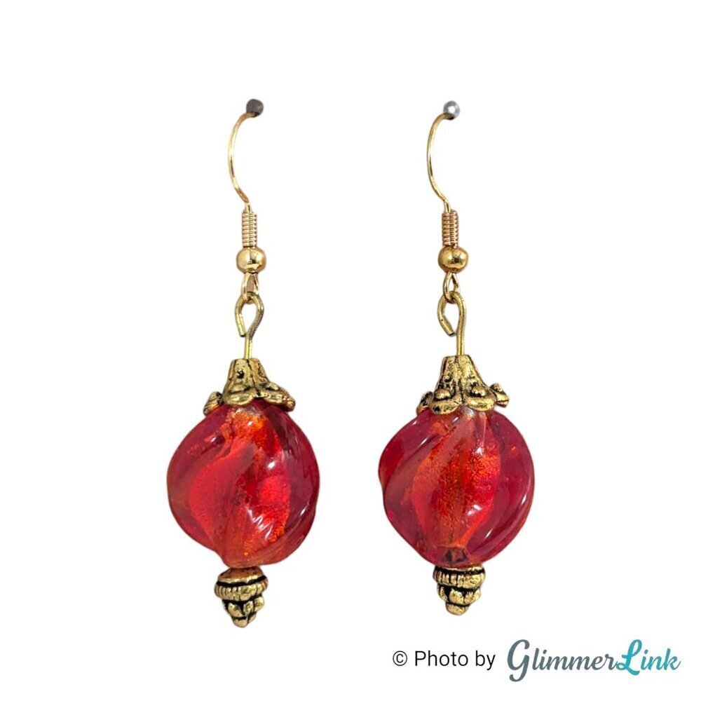 Twisted Red Glass Bead Drop Dangle Gold Tone Pierced Earrings